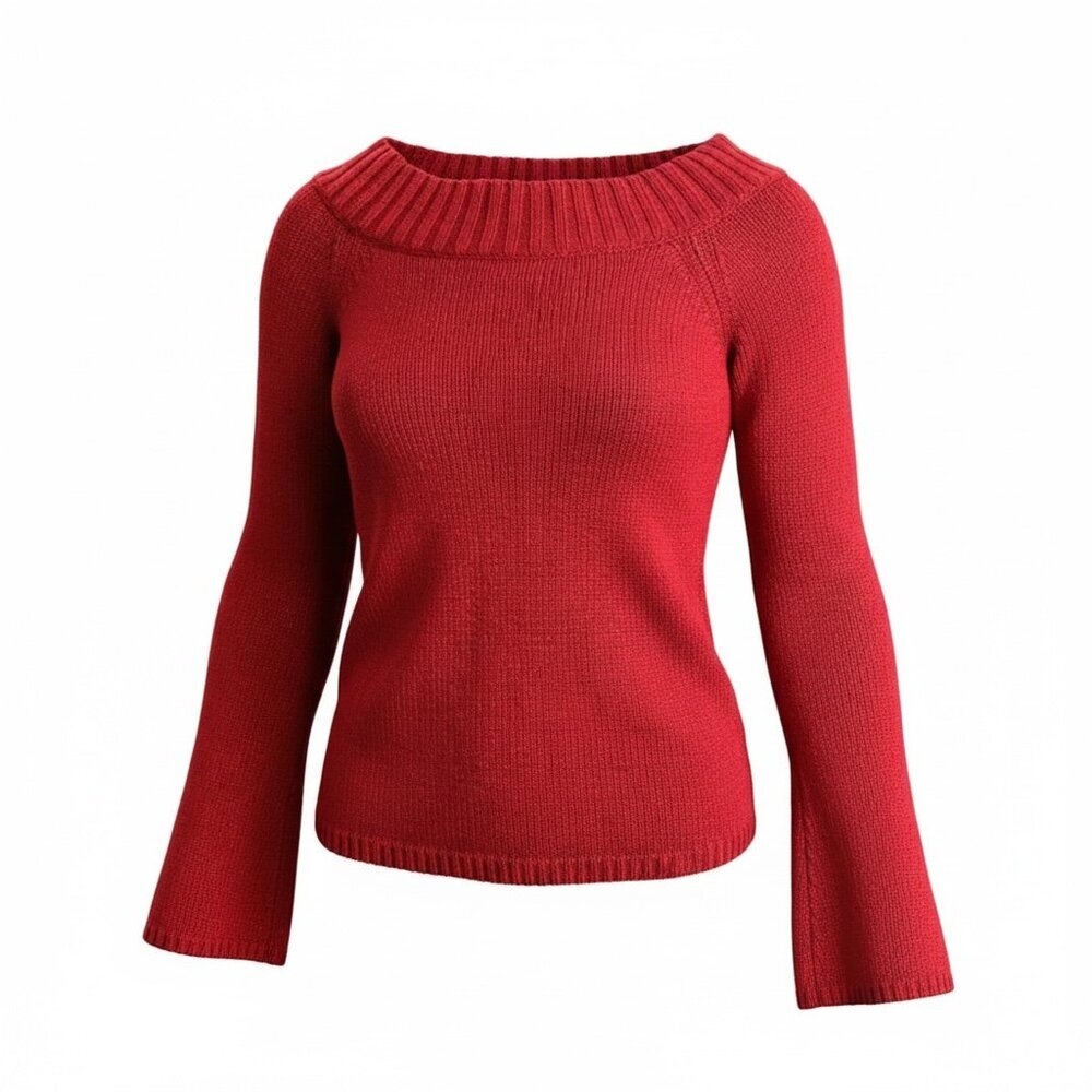 Ann Taylor Loft‎ Sweater Ribbed Boat Neck Flare Sleeves S Red 59L